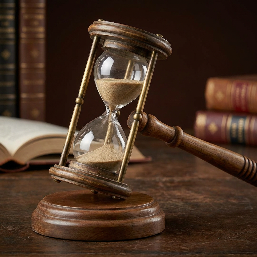 Wooden gavel with an integrated hourglass containing flowing sand on a rustic desk.